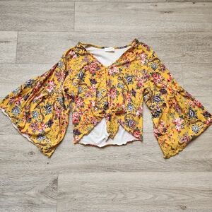 Lavender Fields Yellow Floral Shirt Womens Small Flowy Sleeves Boho Cottagecore